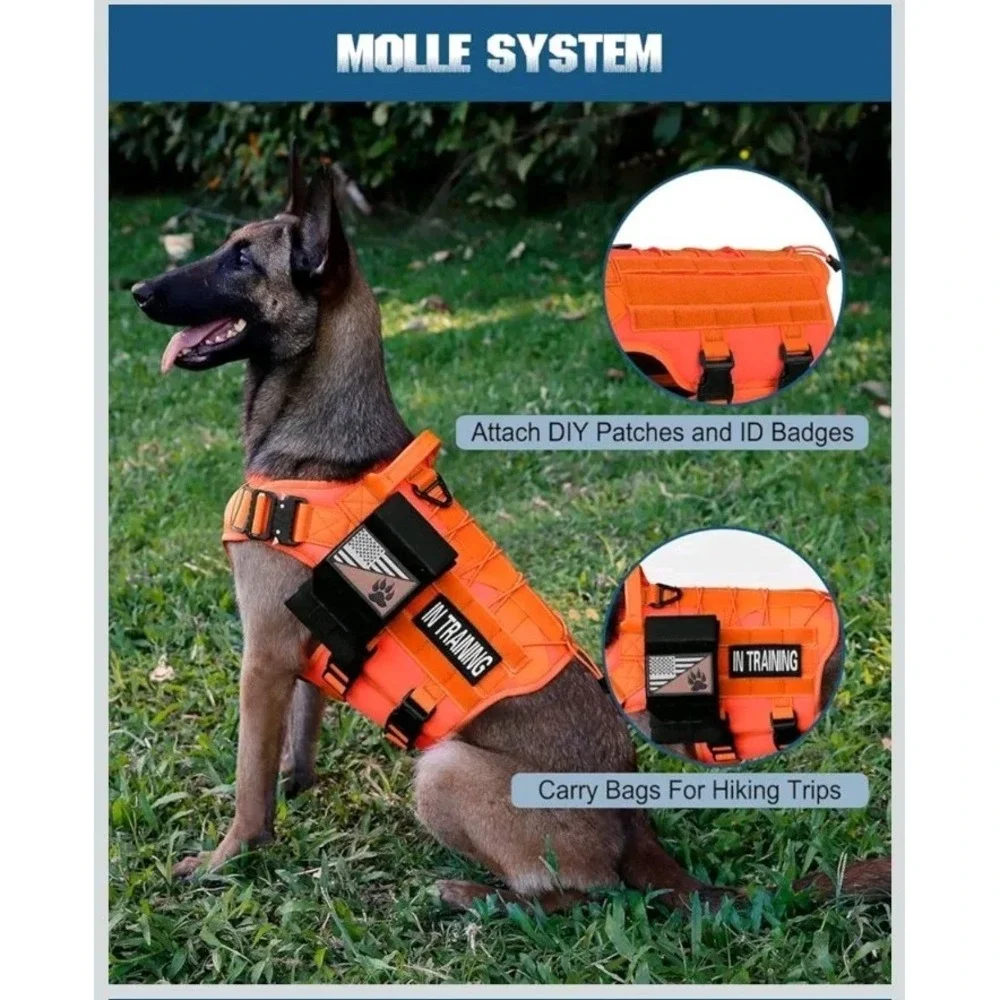 DNALLRINO Tactical Dog Harness Vest Dogs, Adjustable Military Pet Orange XL NEW